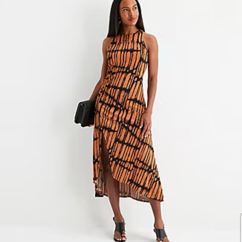 NWT Worthington Black & Clay Orange cinched waist split Maxi Dress. PXXL